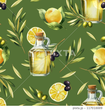 Pattern with lemons and olives. Seamless pattern with olive branches and ripe lemons for wrapping paper or textiles. Pattern with lemons and olives. Seamless pattern with olive branches and ripe lemons for wrapping paper or textiles. 117018889