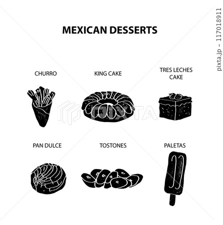 Colorful illustrations of traditional mexican desserts and other sweet meals. Churro, king, tres leches, three, milk, pan, dulce, tostones, fried, bananas, paleta, paletas. Colorful illustrations of traditional mexican desserts and other sweet meals. Churro, king, tres leches, three, milk, pan, dulce, tostones, fried, bananas, paleta, paletas. 117018911