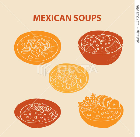 Mexican food set vector illustration. Engraved soups menudo, pozole, barrio, caldo, tlalpen, bundle of traditional dishes, homemade and restaurant dinner dishes and sauces cooking in cuisine of Mexico 117018966