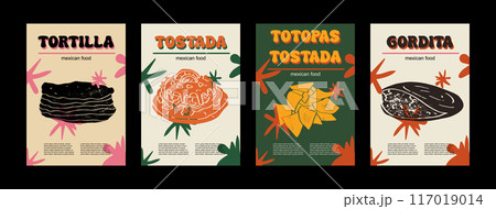 Mexican food set vector illustration. Engraved tortilla, tostada, Totopas tostada, Gordita bundle of traditional dishes, homemade and restaurant dinner dishes and sauces cooking in cuisine of Mexico 117019014