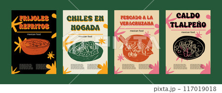 Mexican food set vector illustration. Engraved frijoles refritos, chiles en nogada, pescado a la veracruzana, clad tlalpeno bundle of traditional dishes, dinner cooking in cuisine of Mexico 117019018