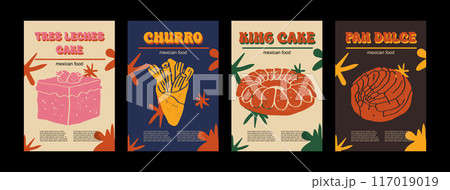 Mexican food set vector illustration. Engraved tres leches cake, king cake, churro, pan dulce bundle of traditional dishes, homemade and restaurant dinner dish and sauces cooking in cuisine of Mexico Mexican food set vector illustration. Engraved tres leches cake, king cake, churro, pan dulce bundle of traditional dishes, homemade and restaurant dinner dish and sauces cooking in cuisine of Mexico 117019019