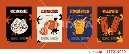 Mexican food set vector illustration. Engraved ceviche, chorizo, esquites, paletas, bundle of traditional dishes, homemade and restaurant dinner dishes and sauces cooking in cuisine of Mexico 117019020