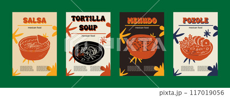 Mexican food set vector illustration. Engraved salsa, tortilla soup, menudo, pozole, bundle of traditional dishes, homemade and restaurant dinner dishes and sauces cooking in cuisine of Mexico 117019056