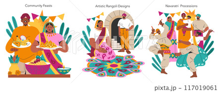 Navaratri set. Hindu festival celebration with community feasts, rangoli art, and colorful processions. Indian culture and tradition showcased in joyous events. Vector illustration. 117019061