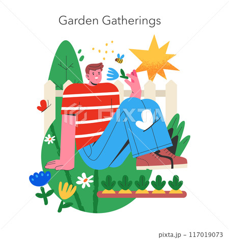 Relaxed man enjoying a peaceful moment in a vibrant garden, with lush greenery and lively bees buzzing around. Vector illustration. 117019073