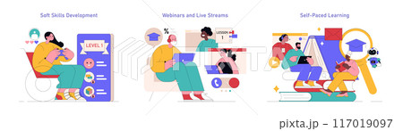Adult Education set. Engaging in soft skills development, webinars, live streams, and self-paced learning. Interactive online education and personal skill enhancement. Vector illustration. 117019097