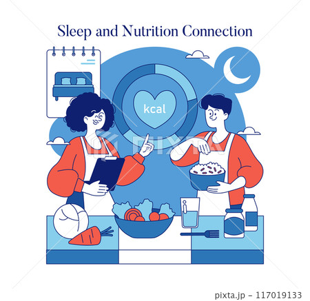 Nighttime Wellness concept. Illustration of individuals discussing diet for good sleep with icons of bed and moon. Healthy eating habits for restful night. Vector illustration. 117019133