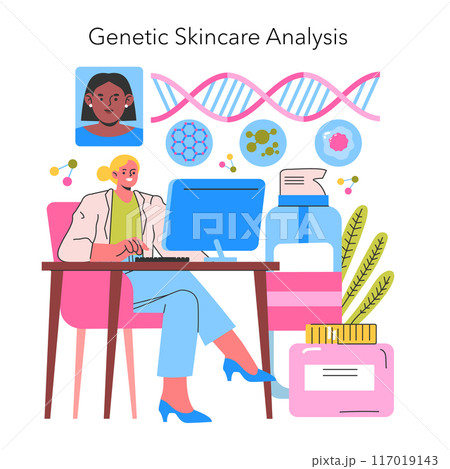 Skincare innovation concept. A scientist analyzing genetic factors for personalized skincare treatments in a modern lab setup. Vector illustration. 117019143