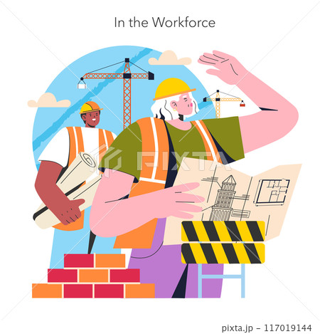 Empowerment concept. Senior woman and man working together on a construction site, promoting inclusivity and diversity. Vector illustration. Empowerment concept. Senior woman and man working together on a construction site, promoting inclusivity and diversity. Vector illustration. 117019144