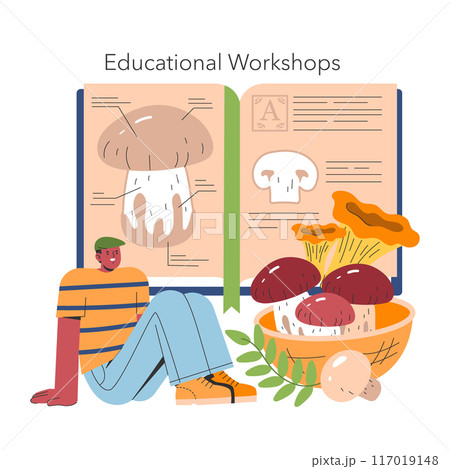 Mushroom Cultivation concept. An individual learns about different fungi varieties through an educational workshop. Engaged in mycology study. Vector illustration. 117019148