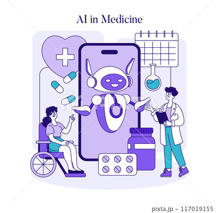 AI in Medicine concept. Healthcare professional interacts with a robotic assistant. Patient engagement, futuristic technology in treatment. Vector illustration. AI in Medicine concept. Healthcare professional interacts with a robotic assistant. Patient engagement, futuristic technology in treatment. Vector illustration. 117019155