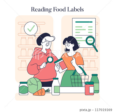 Low Histamine Diet concept. Individuals examining food labels carefully to maintain a specific dietary regimen. Vector illustration. Low Histamine Diet concept. Individuals examining food labels carefully to maintain a specific dietary regimen. Vector illustration. 117019169