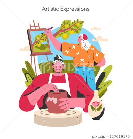 Empowering Older Women concept. Senior females engaged in painting and pottery, celebrating creative life after retirement. Artistic hobbies for wellbeing. Vector illustration. Empowering Older Women concept. Senior females engaged in painting and pottery, celebrating creative life after retirement. Artistic hobbies for wellbeing. Vector illustration. 117019170