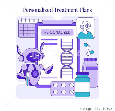 AI in Medicine concept. A robot creates personalized treatment plans, integrating genetic information with individual patient profiles. Vector illustration. AI in Medicine concept. A robot creates personalized treatment plans, integrating genetic information with individual patient profiles. Vector illustration. 117019192