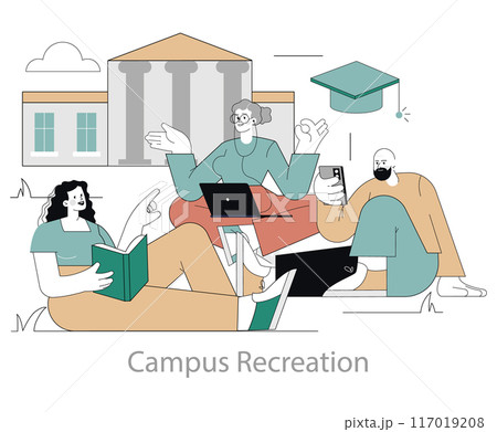 Campus Recreation concept. Students engaging in leisure activities with technology and books outside an academic building. Vector illustration. 117019208
