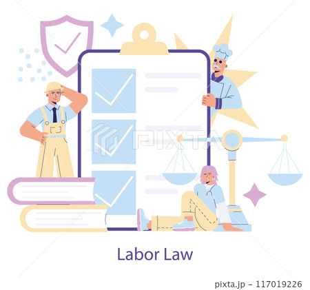 Labor Day concept. Illustration of diverse workers with legal protections, promoting workplace rights and equality. Vector illustration. 117019226
