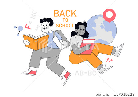 Back to School concept. Students studying and showcasing love for learning. Academic success, education journey. Vector illustration. Back to School concept. Students studying and showcasing love for learning. Academic success, education journey. Vector illustration. 117019228