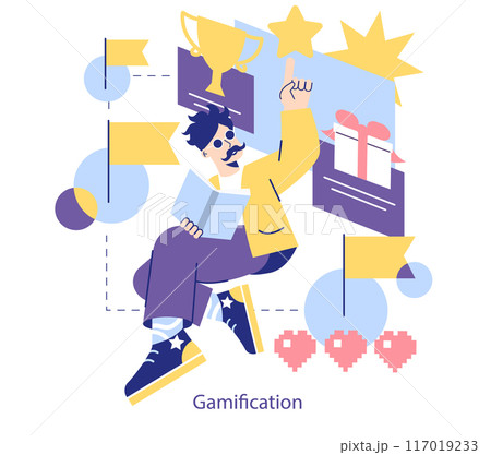 Gamification concept. Illustration depicting a character engaging with game elements for motivation. Learning through achievement and rewards system. Vector illustration. Gamification concept. Illustration depicting a character engaging with game elements for motivation. Learning through achievement and rewards system. Vector illustration. 117019233