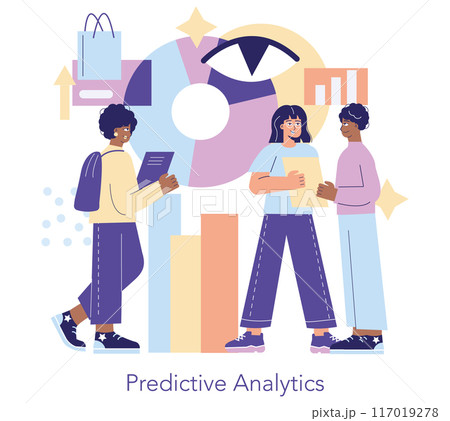Innovative purchasing concept with people analyzing data charts for strategic decision-making. Business analytics and market trends assessment. Vector illustration. 117019278