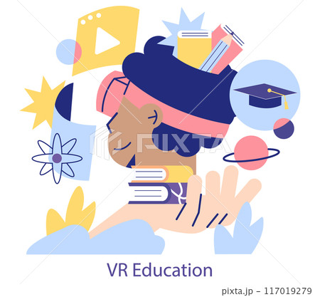 STEM Education concept. Interactive learning and virtual reality in modern education. Books, atoms, and graduation elements in design. Vector illustration. STEM Education concept. Interactive learning and virtual reality in modern education. Books, atoms, and graduation elements in design. Vector illustration. 117019279