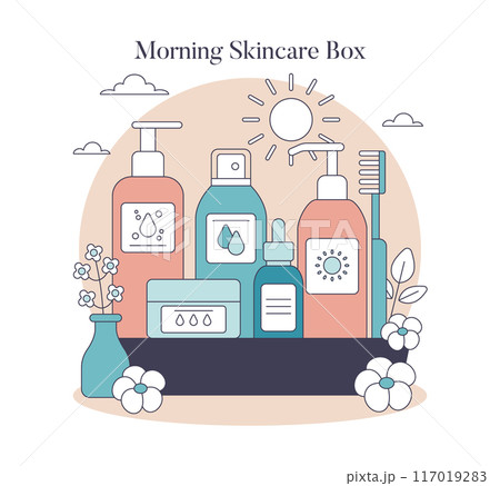 Morning Skincare Box concept. Bottles and tubes for daily face care routine adorned with flowers against a sun backdrop. Vector illustration. 117019283