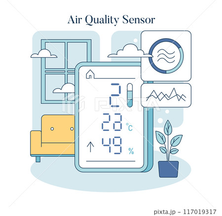 Wellness Technology concept. Indoor air quality sensor displaying temperature and humidity levels, ensuring a healthy home environment. Vector illustration. Wellness Technology concept. Indoor air quality sensor displaying temperature and humidity levels, ensuring a healthy home environment. Vector illustration. 117019317