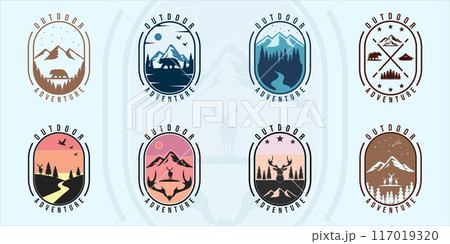set of outdoor adventure wildlife logo modern vintage vector illustration template icon graphic design. bundle collection of various outdoors bear mountain river deer nature with badge typography 117019320