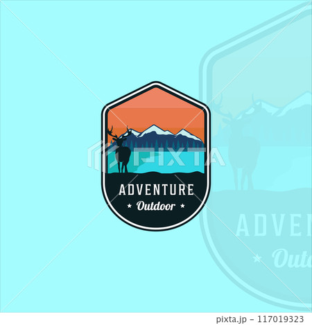 outdoor adventure emblem logo vector illustration template icon graphic design. silhouette deer at lake or river mountain wildlife concept with badge label outdoor adventure emblem logo vector illustration template icon graphic design. silhouette deer at lake or river mountain wildlife concept with badge label 117019323