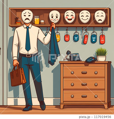 Concept: all people wear masks when leaving the house - hiding true emotions 117019456