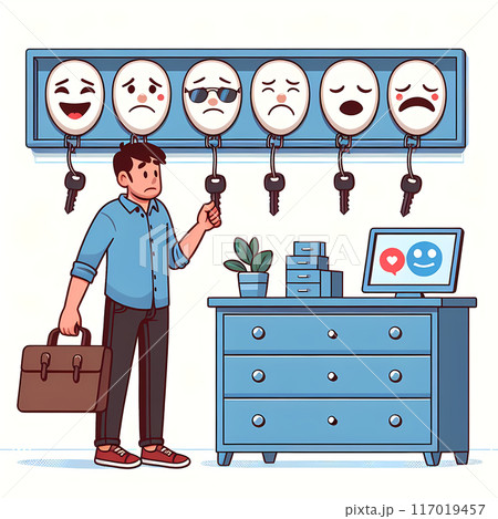 Concept: all people wear masks when leaving the house - hiding true emotions 117019457