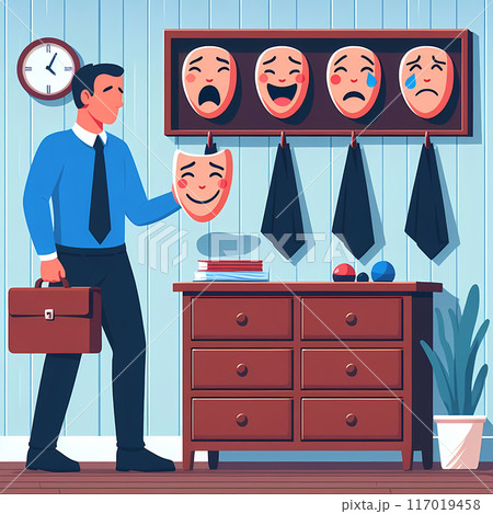 Concept: all people wear masks when leaving the house - hiding true emotions 117019458
