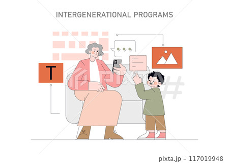 Positive Aging concept. Elderly woman using smartphone with guidance from a young child. Senior digital literacy, cross-generational interaction. Vector illustration. 117019948