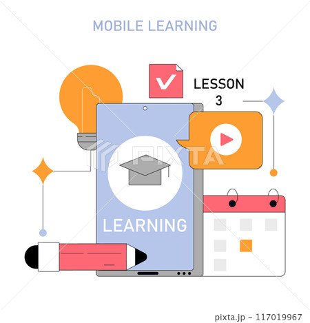 Mobile learning concept. Digital education through smartphone interface with icons for lessons, calendar, and video play. E-learning accessibility. Vector illustration. 117019967