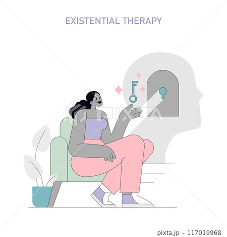 Humanistic Psychology concept. Illustration of existential therapy with a woman holding a key to unlock the mind. Personal growth and self-awareness focus. Vector illustration. 117019968