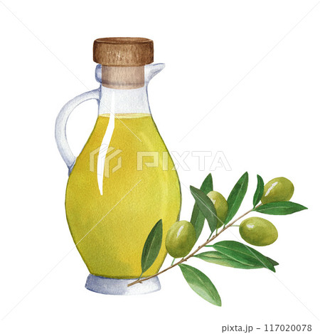 Composition of glass jug with oil and olive branch with green olives. Hand drawn watercolor illustration on white background Composition of glass jug with oil and olive branch with green olives. Hand drawn watercolor illustration on white background 117020078