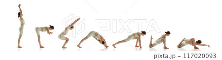 Banner. Collage. Young woman doing yoga exercise against white background. Dynamic stretches and strength exercises, perfect for full-body workout. 117020093
