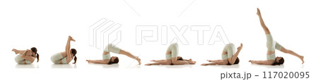 Banner. Collage. Young woman scratching her back and legs, doing yoga exercises against white background. Strength and flexibility. 117020095