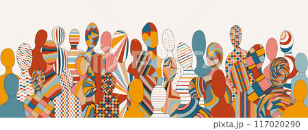 Abstract silhouettes front view with geometric figures of diverse people. Racial Equality Diversity Inclusion concept. Gender Equality. Mixed. Community diverse culture. Banner Abstract silhouettes front view with geometric figures of diverse people. Racial Equality Diversity Inclusion concept. Gender Equality. Mixed. Community diverse culture. Banner 117020290