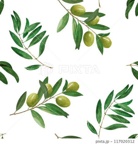 Seamless pattern with olive tree elements. Hand drawn watercolor illustration on white background for print, wrapper, textile, fabric, packaging Seamless pattern with olive tree elements. Hand drawn watercolor illustration on white background for print, wrapper, textile, fabric, packaging 117020312