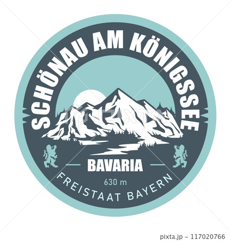 Schonau am Konigssee resort stamp, Bavarian Alps, Germany name, emblem with snow covered mountains, vector 117020766