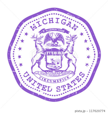 Michigan state stamp with seal, USA travel stamp, shabby postmark of Michigan, vector 117020774