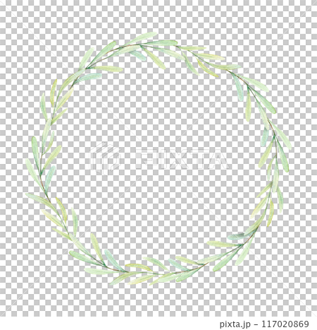 Watercolor Botanical illustration of olive leaves, branch wreath for wedding invitation and cards, logo design, web, social media and posters template. Elegant minimal style floral isolated. 117020869