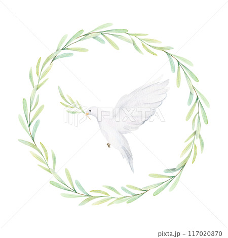 Watercolor white dove and olive branches. White birds in laurel wreath. Pigeon clip art. Hand drawn illustration isolated on background. Decorative design elements Watercolor white dove and olive branches. White birds in laurel wreath. Pigeon clip art. Hand drawn illustration isolated on background. Decorative design elements 117020870