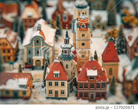 Traditional Christmas market in a small town. Tilt-shift miniature model of houses on a background of snowy winter cute city landscape.   117020871