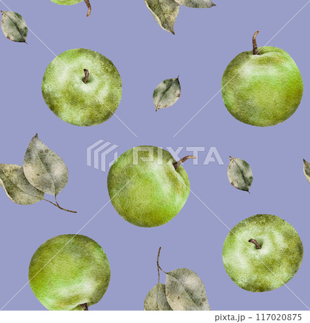 Seamless pattern of fresh green apples with leaves. Food texture. Repeating red, juicy apples whole. Watercolor Illustration fruit for juice pack, tablecloth, cover, apron, apple picking or food 117020875