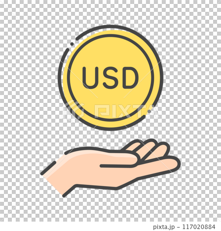 Simple icon of a coin with the letters USD and a human hand - Image of Japanese money and foreign currency deposits 117020884