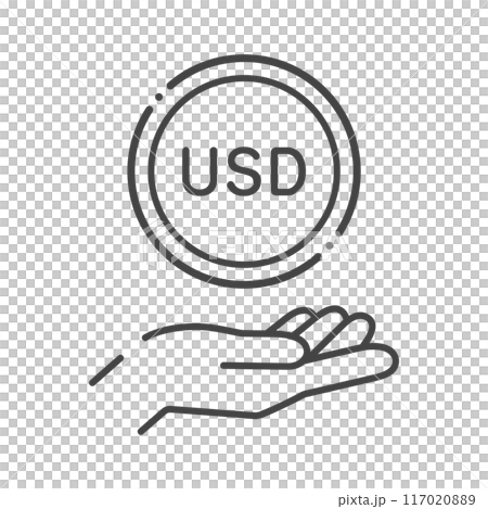 Simple icon of a coin with the letters USD and a human hand - Image of Japanese money and foreign currency deposits Simple icon of a coin with the letters USD and a human hand - Image of Japanese money and foreign currency deposits 117020889