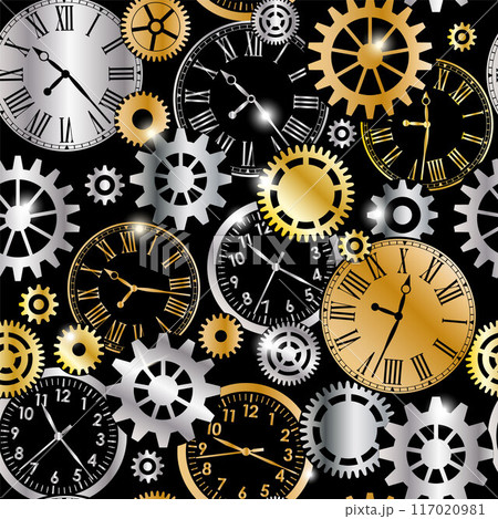Silver and gold metallic mechanical gears and clocks seamless pattern on black background Silver and gold metallic mechanical gears and clocks seamless pattern on black background 117020981