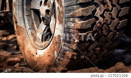 泥まみれになった車のタイヤのクローズアップ 117021108